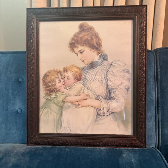 Antique "Baby First Kiss" Framed Print - Picture 2 of 5